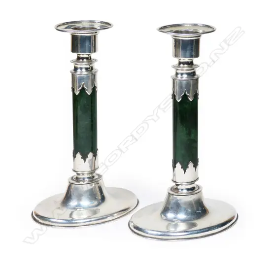 A pair of Frank Hyams (Birmingham/New Zealand) silver and greenstone candlesticks,